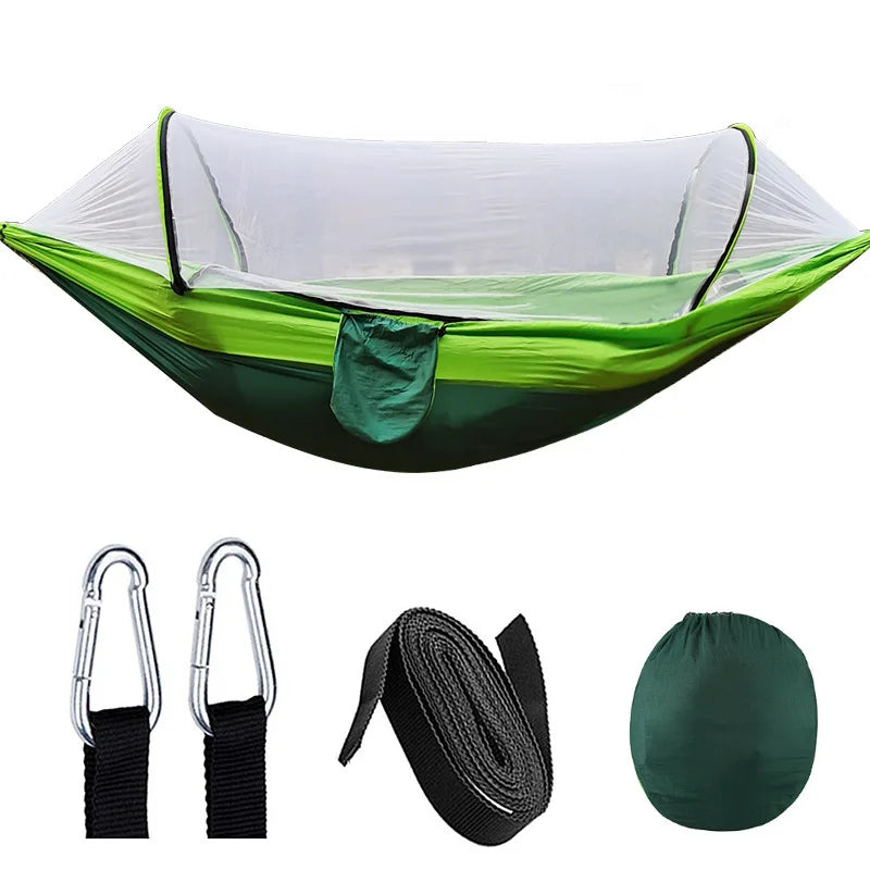 Outdoor camping hammock with mosquito net. Made of strong parachute fabric.