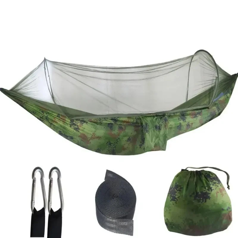 Outdoor camping hammock with mosquito net. Made of strong parachute fabric.