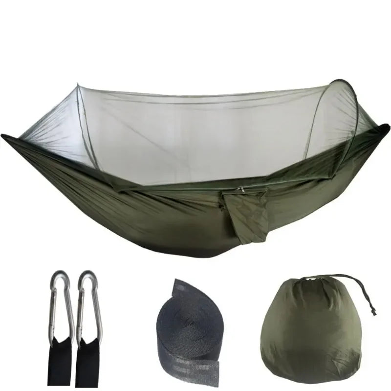 Outdoor camping hammock with mosquito net. Made of strong parachute fabric.