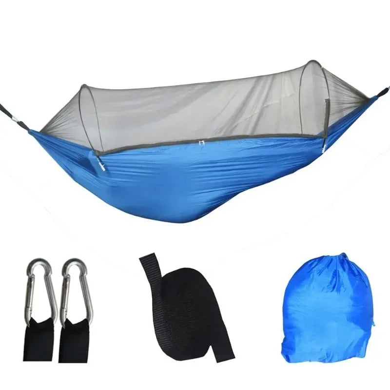 Outdoor camping hammock with mosquito net. Made of strong parachute fabric.