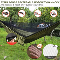 Outdoor camping hammock with mosquito net. Made of strong parachute fabric.