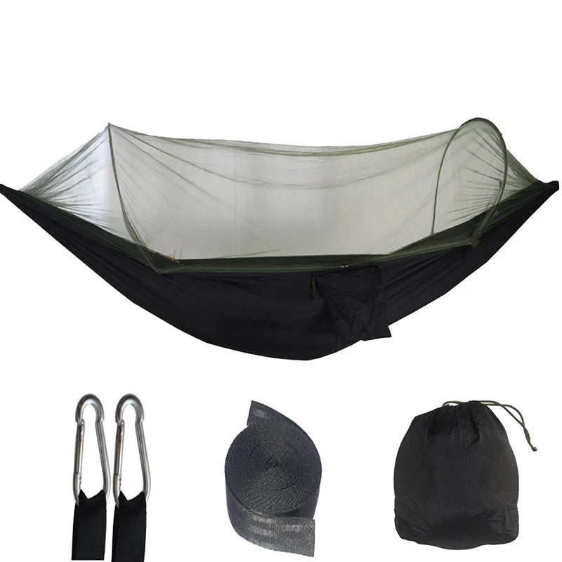 Outdoor camping hammock with mosquito net. Made of strong parachute fabric.