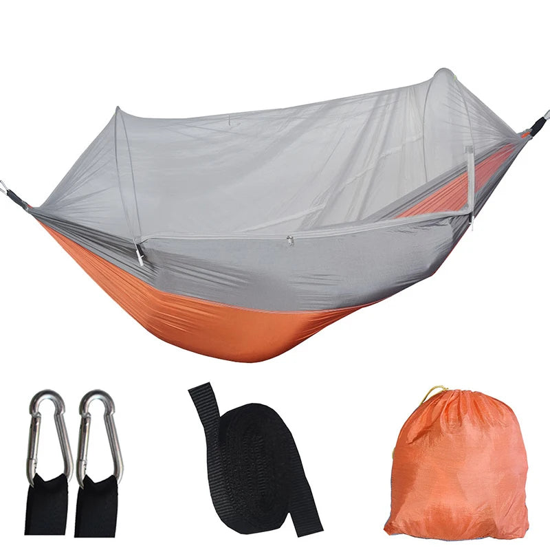 Outdoor camping hammock with mosquito net. Made of strong parachute fabric.