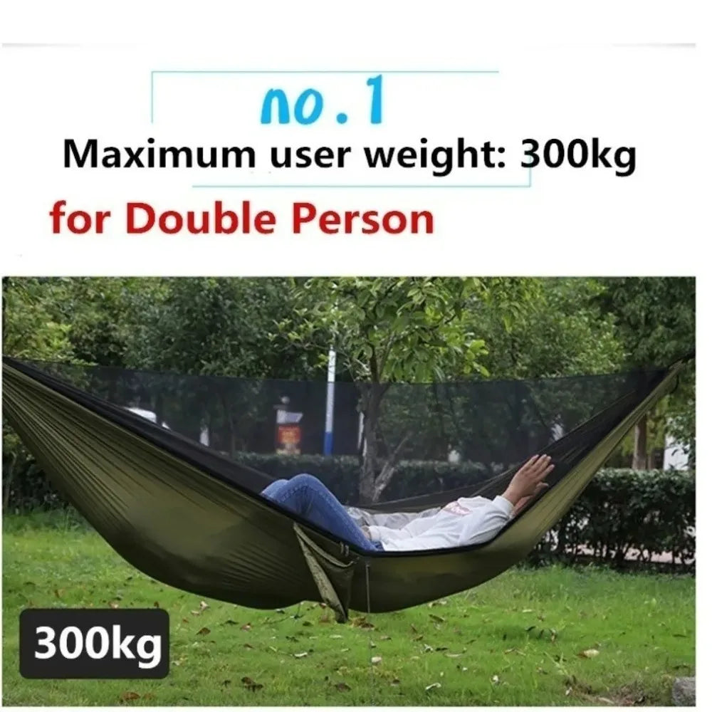 Outdoor camping hammock with mosquito net. Made of strong parachute fabric.